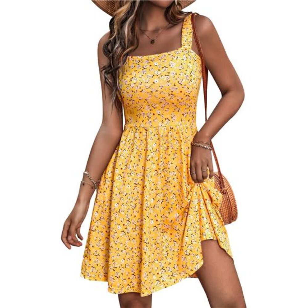 Women's Summer Casual Square Neck Dress with Pocket Cute Sleeveless High Waist